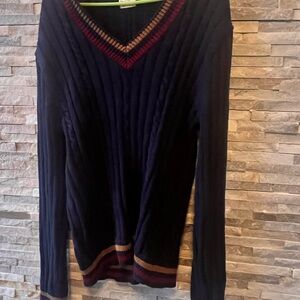 J. Crew Navy Sweater with Red and Tan Stripes